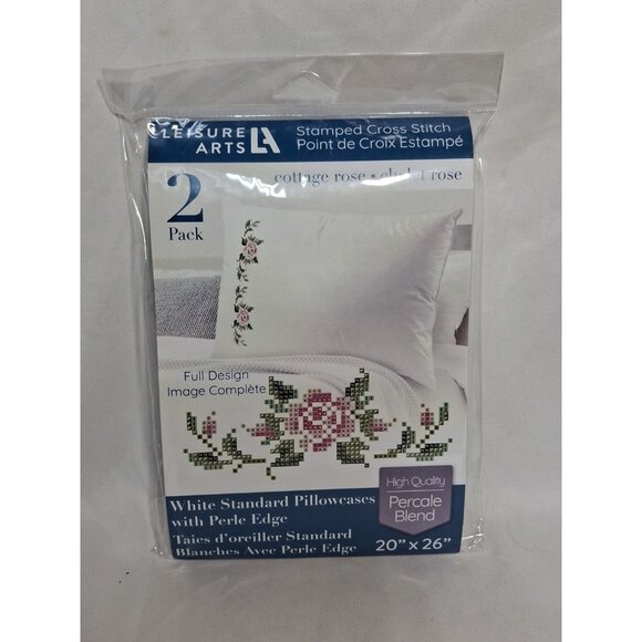 Leisure Arts Other - 2 pk Leisure Arts Stamped Cross Stitch Pillowcases 20"x26" Cottage Rose White